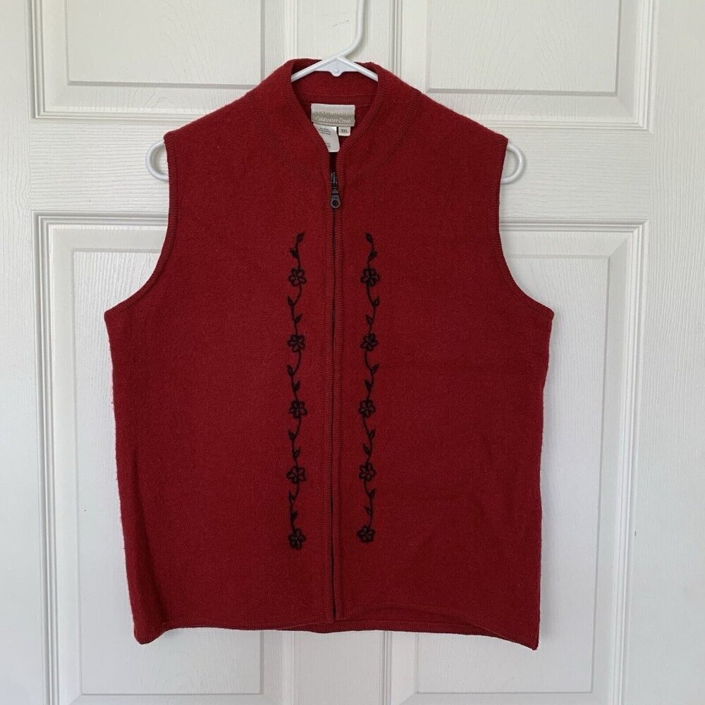 Coldwater Creek Wool Vest Womens SML Full Zip Red Flower Embroidered